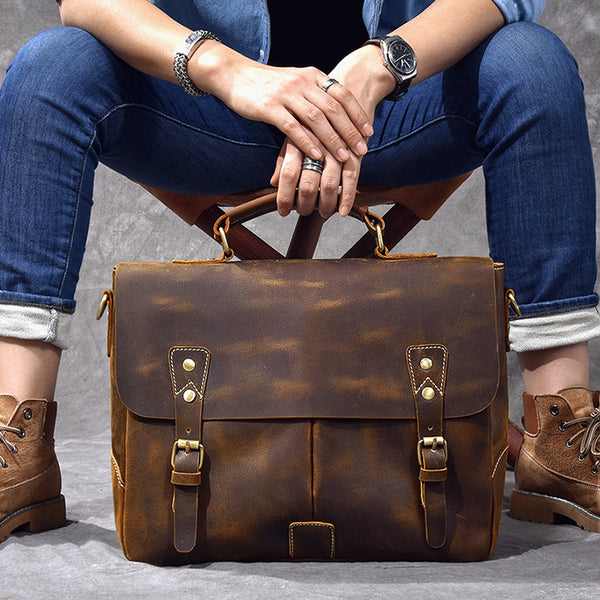 Leather Mens Brown Briefcase 14'' Laptop Bag Messenger Bag Shoulder Bag For Men - iwalletsmen