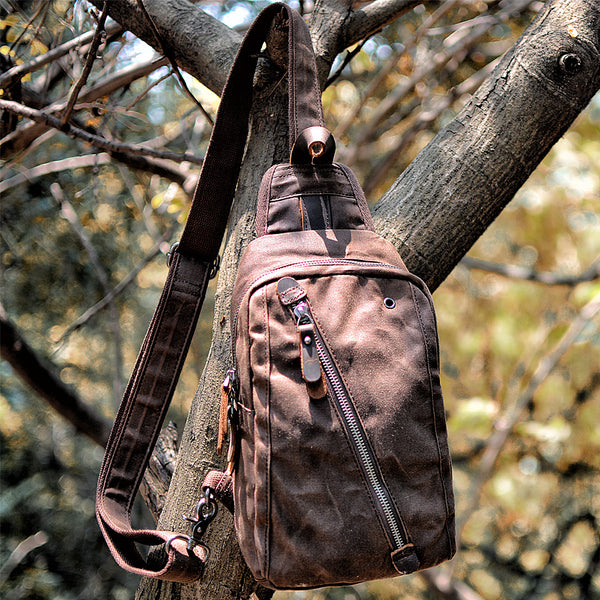 Cool Canvas Leather Mens Waterproof Sling Bag Chest Bag One Shoulder Bag for Men - iwalletsmen