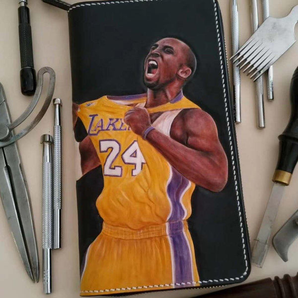 Badass Black Leather Men's Kobe Bryant Yellow Jersey Long Biker Wallet Handmade Tooled Zipper Long Wallet For Men - iwalletsmen