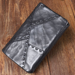 Cool Leather Mens Black Buckle Long Wallet Black Long Trifold Vertical Wallet for Men - iwalletsmen