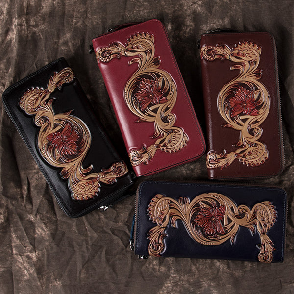 Black Tooled Leather Men's Bifold Long Zipper Wallet Clutch Bag Red For Women - iwalletsmen