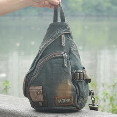 Denim Mens Large Sling Bag Blue Chest Bag Jean One Shoulder Backpacks For Men - iwalletsmen