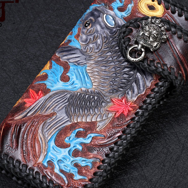 Handmade Leather Carp Mens Chain Biker Wallet Cool Leather Wallet With Chain Wallets for Men