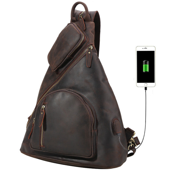 Vintage Large Brown Leather Men's Sling Bag Chest Bag One Shoulder Backpack For Men - iwalletsmen