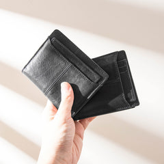 Black Cool Leather Mens Slim Small Wallets Bifold Vintage billfold Wallet Card Wallet for Men - iwalletsmen