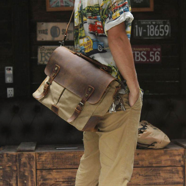 Waxed Canvas Leather Mens Casual Briefcase Computer Bag 14'' Messenger Bag For Men - iwalletsmen