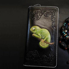 Badass Black Leather Men's Chameleon Biker Wallet Handmade Tooled Zipper Long Wallets For Men - iwalletsmen