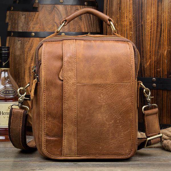 Casual Brown  Leather 10 inches Small Vertical Messenger Bag Crossbody Side Bag for Men - iwalletsmen