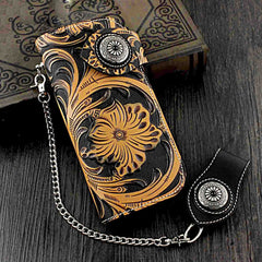 Badass Black Leather Men's Long Biker Chain Wallet Tooled Long Wallet with Chain For Men - iwalletsmen