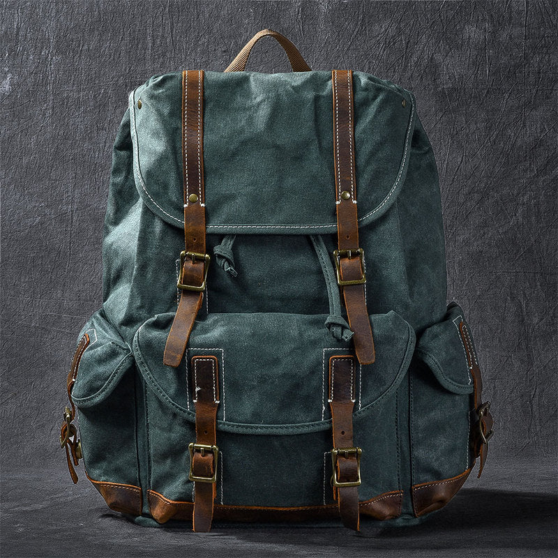 Waxed Canvas Leather Mens Womens 16" Khaki Backpack Green Travel Backpack College Backpack for Men - iwalletsmen