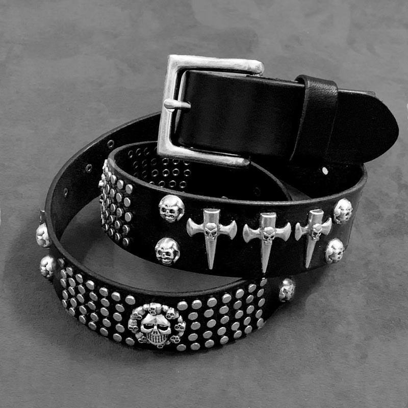 Badass Black Skull Leather Metal Belt Punk Skull Motorcycle Belt Leather Rock Belts For Men - iwalletsmen