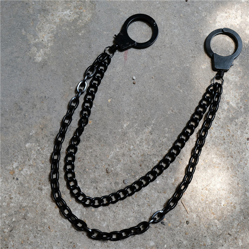 Cool Men's Black Handcuffs Double Long Wallet Chain Pants Chains