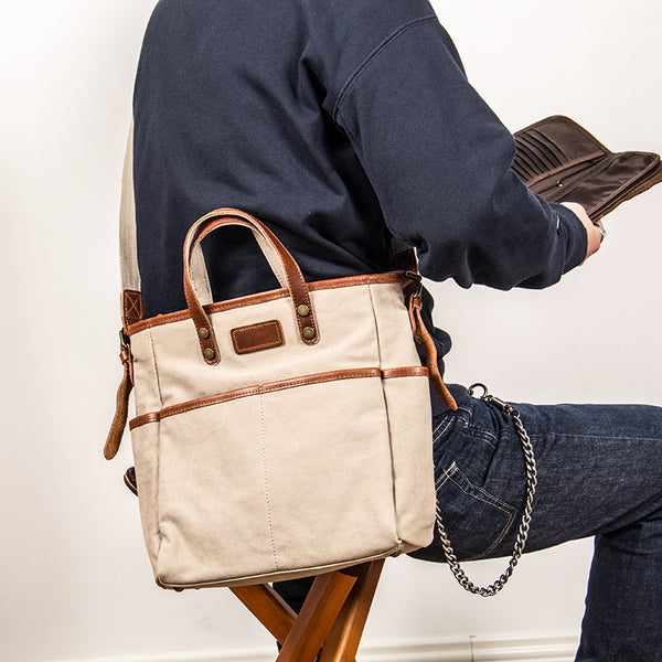 Canvas Leather Mens Side Bag Army Green 12'' Tote Postman Bag Messenger Bag for Men - iwalletsmen