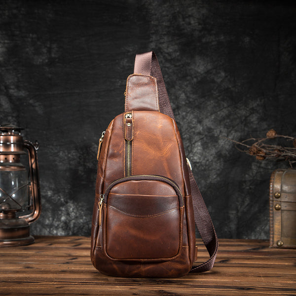 Badass Brown Leather Men's Sling Bag Chest Bag Vintage 8-inches One shoulder Backpack For Men - iwalletsmen
