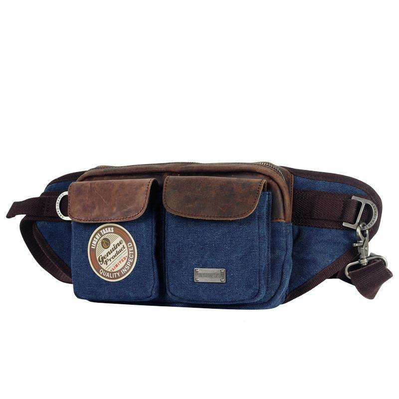 Navy Blue Canvas Leather Fanny Pack Men's Brown Chest Bag Canvas Sling Hip Bag Waist Bag For Men - iwalletsmen