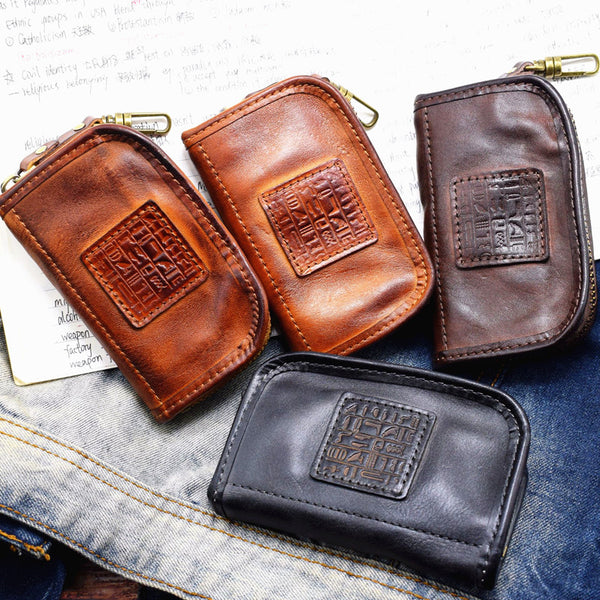 Vintage Mens LEATHER Car Key Holder Zipper Key Wallet Key Holder for Men - iwalletsmen