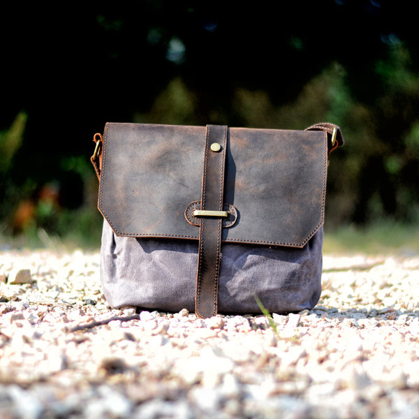 Waxed Canvas Leather Gray Mens Small Side Bag Green Shoulder Bag Messenger Bag For Men - iwalletsmen