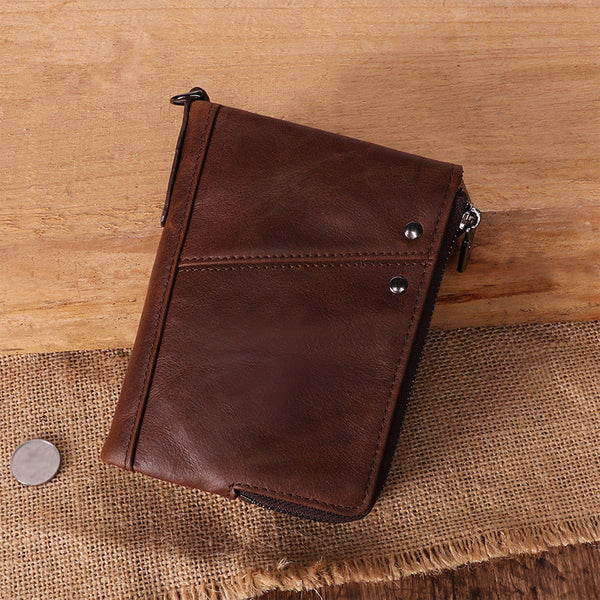 RFID Cool Brown Leather Men's Bifold Small Wallet Zipper billfold Wallet For Men - iwalletsmen