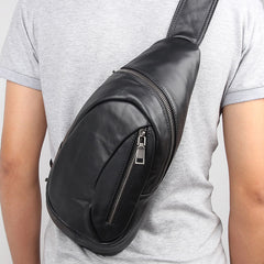 Badass Black Leather Men's 8 inches Sling Bag Chest Bag One shoulder Backpack Sling Backpack For Men - iwalletsmen