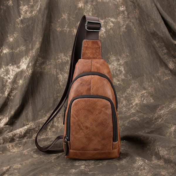 Brown Cool LEATHER MENS Sling Bag One Shoulder Backpack Blue Chest Bag Sports Bag For Men - iwalletsmen