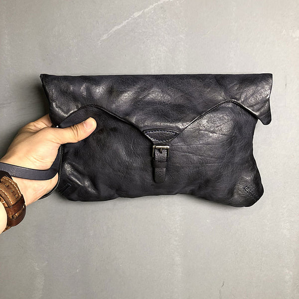 Handmade Genuine Leather Women Mens Clutch Cool Slim Wallet Zipper Clutch Wristlet Wallet for Men