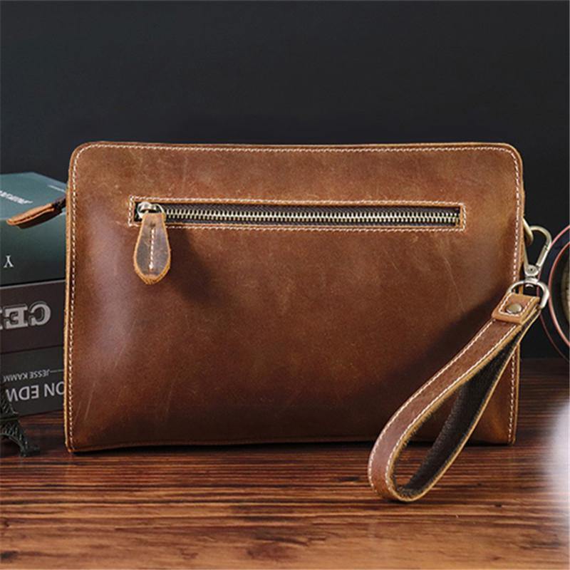 Vintage Brown Mens Clutch Wallet Leather Zipper Clutch Wristlet Purse Bag Clutch Bags For Men - iwalletsmen