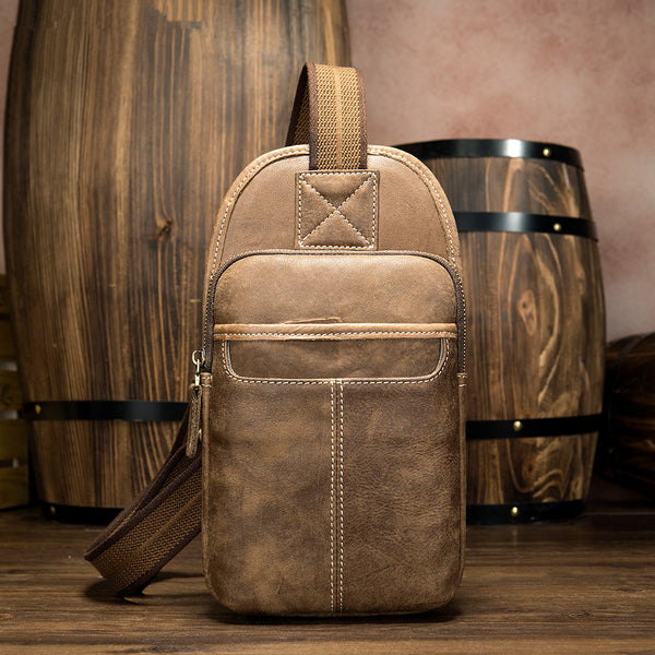 Badass Brown Leather Men's Sling Bag Chest Bag 8-inches One shoulder Backpack For Men - iwalletsmen