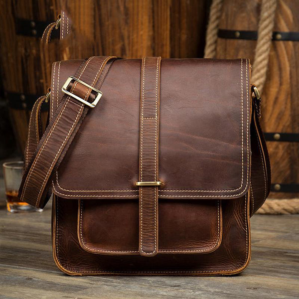 Cool Dark Brown Leather 10 inches Vertical Courier Bag Side Bags Messenger Bag for Men - iwalletsmen