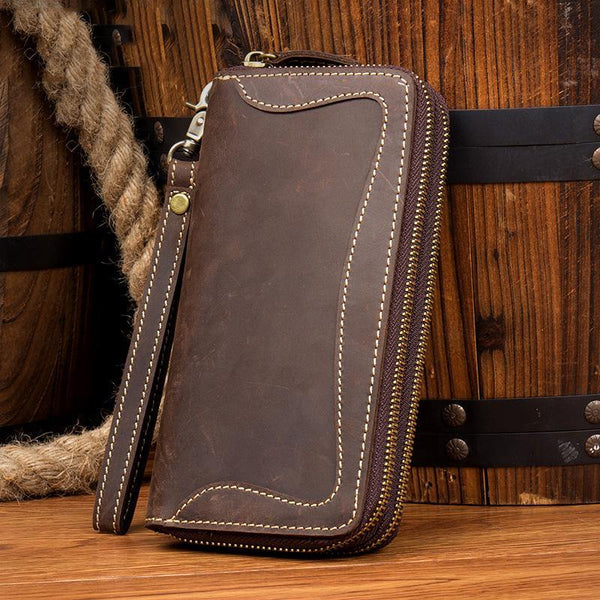 Cool Dark Brown Mens long Wallet Wristlet Wallet Clutch Wallet Yellow Brown Long Wallets for Men - iwalletsmen