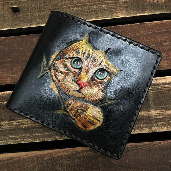Handmade Black Tooled Leather Kitten Wolf Bifold billfold Wallet Small Wallet For Men - iwalletsmen