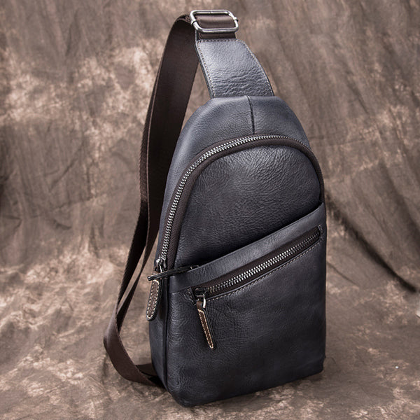 Gray Leather Men's Sling Bag 8 inches Brown Chest Bag One Shoulder Backpack For Men - iwalletsmen