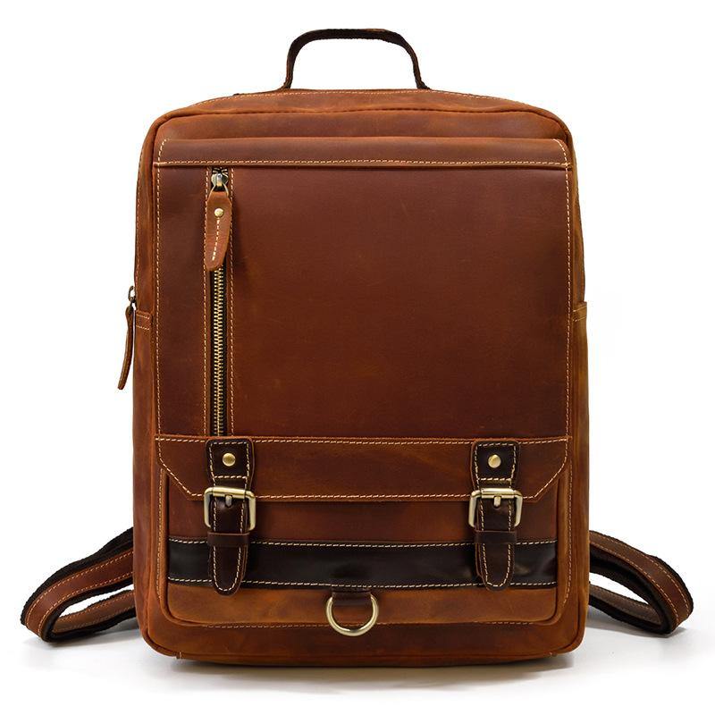 Casual Brown Mens Leather Large School Backpack Satchel Backpack Computer Backpack For Men - iwalletsmen