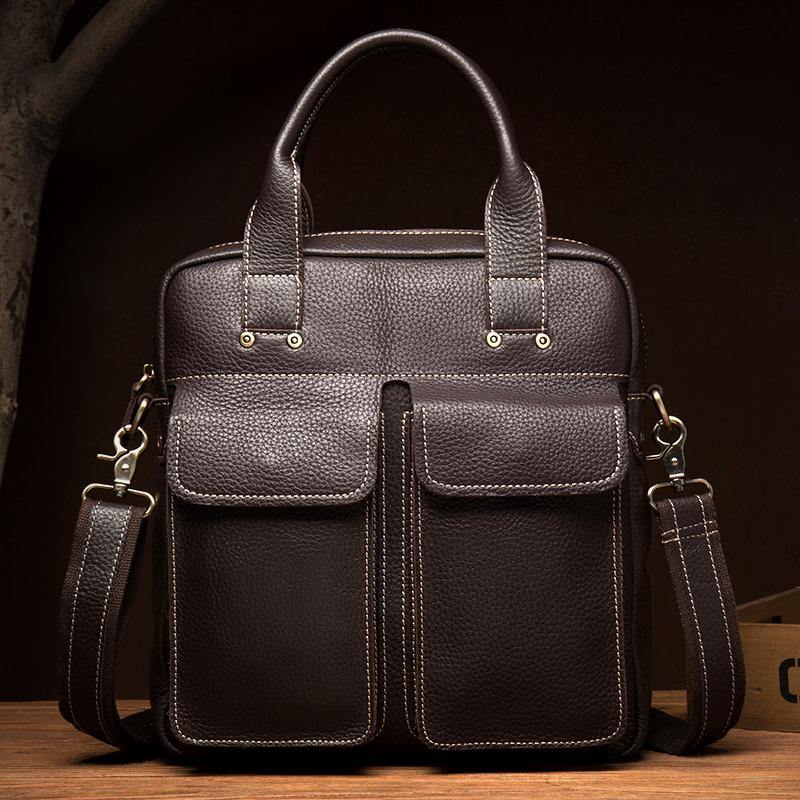 Fashion Black Leather 12 inches Vertical Briefcase Work Shoulder Bag Black Messenger Bag Computer Work Bag for Men - iwalletsmen