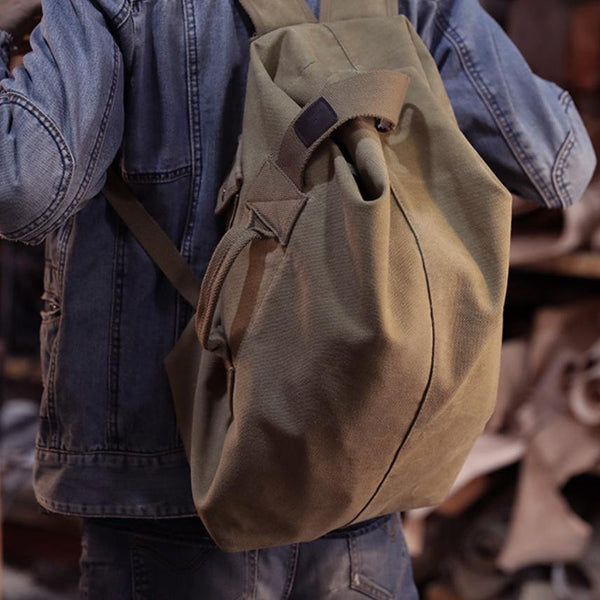 Khaki Canvas Mens Large Backpack Travel Backpack Canvas Barrel Backpack Bucket Backpack For Men - iwalletsmen