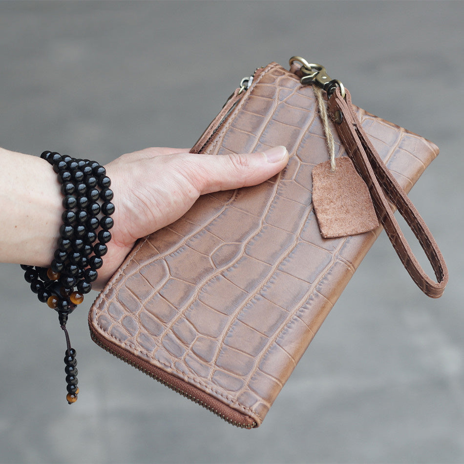 Vintage Dark Brown Leather Mens Phone Wallet Clutch Bag Wristlet Bag Zipper Long Wallet For Men - iwalletsmen