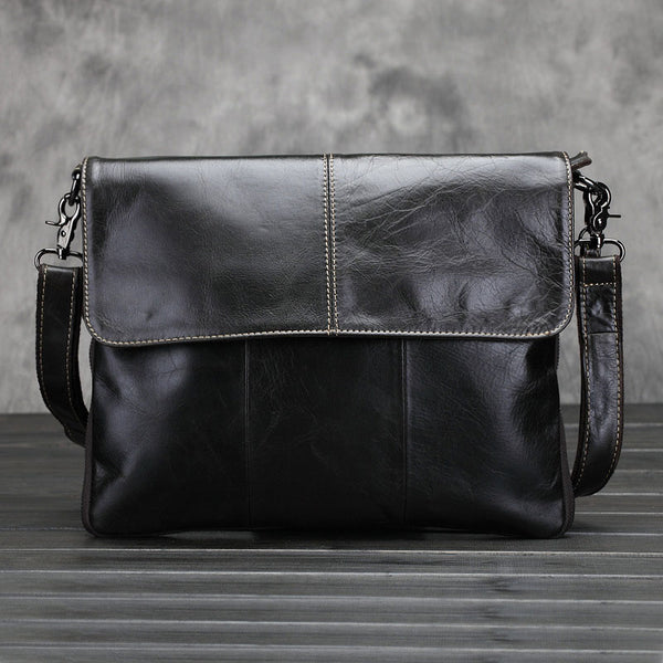 Cool Small Black Leather Mens Messenger Bag Shoulder Bag for Men - iwalletsmen