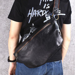 Black Leather Mens Large Sling Bag Leather Sling Pack Postman Bag Fanny Pack Shoulder Bag For Men - iwalletsmen