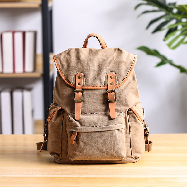Cool Canvas Leather Mens Womens 13'' White Backpack Khaki Travel Backpack College Backpack  for Men - iwalletsmen