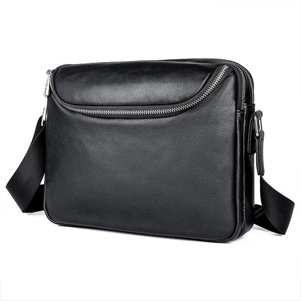 Black Cool Leather 10 inches Large Zipper Messenger Bag Handbag Shoulder Bag For Men - iwalletsmen