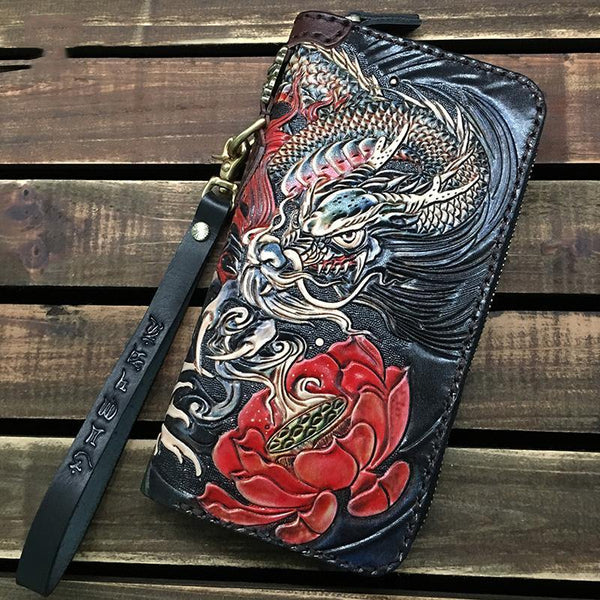Black Handmade Tooled Chinese Dragon Leather Long Biker Wallet Chain Wallet Clutch Wallet For Men - iwalletsmen
