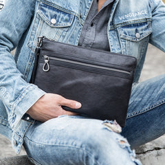 Black Cool Leather Mens Wristlet Bag Clutch Black Slim Messenger Bag Side Bag for Men - iwalletsmen