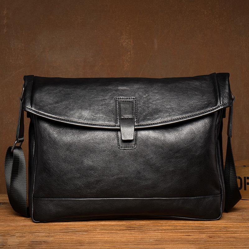 Fashion Black Leather 12 inches Mens Small Courier Bag Messenger Bags Postman Bag for Men - iwalletsmen