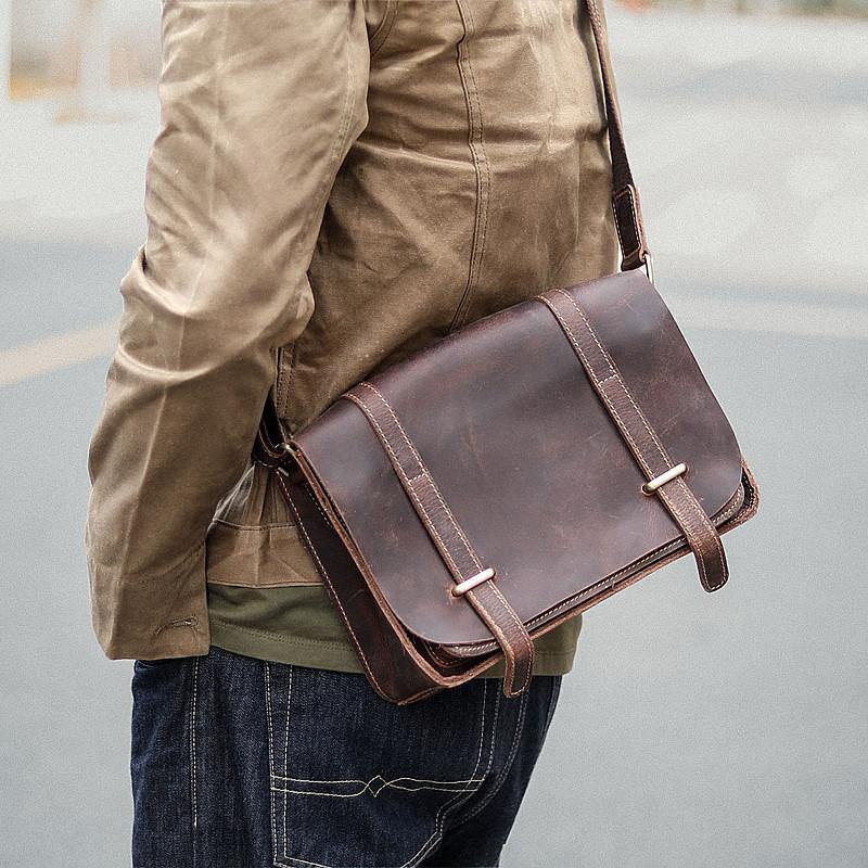 Cool Brown Leather Mens Casual 10" Courier Bags Messenger Bag Brown Postman Bag For Men - iwalletsmen