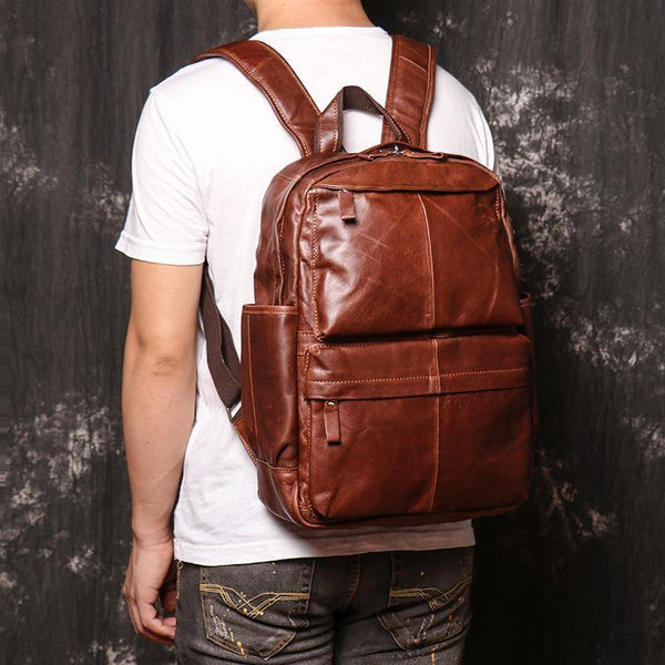Brown Leather Men's 15 inches Computer Backpack Travel Backpack Brown Laptop College Backpack For Men - iwalletsmen