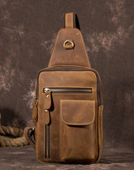 Brown Leather One Shoulder Backpack Chest Bag Sling Bag Sling  Crossbody Bag For Men - iwalletsmen
