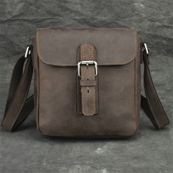 Badass Dark Brown Leather Men's 8 inches Small Side Bag Vertical Postman Messenger Bag For Men - iwalletsmen