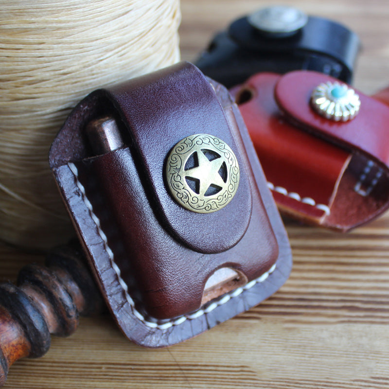 Handmade Mens Brown Leather Classic Zippo Lighter Case Zippo Lighter Holder with Belt Loop - iwalletsmen