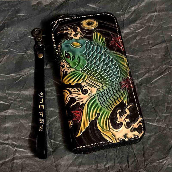 Badass Black Handmade Leather Men's Long Biker Wallet Coffee Tooled Carp Zipper Chain Wallets For Men - iwalletsmen