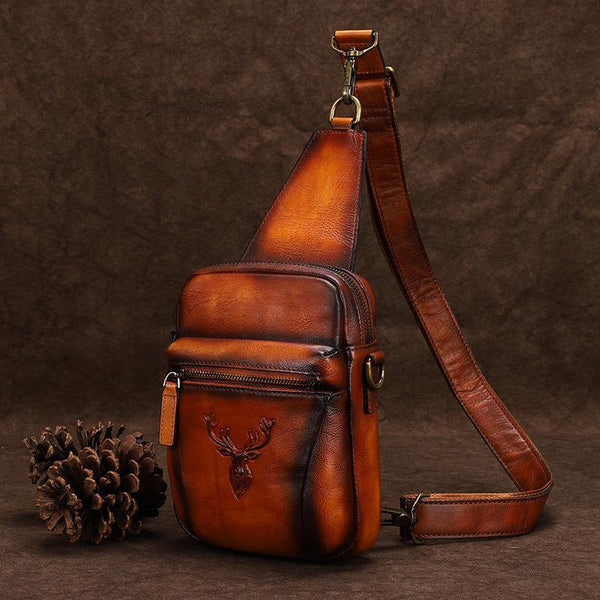 Vintage Brown Leather Deer Womens Men's Sling Bag Chest Bag Sling Pack Sling Backpack For Men - iwalletsmen
