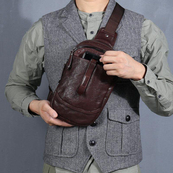 Casual Tan Leather Mens Chest Bag Sling Bag Coffee Crossbody Pack One Shoulder Backpack for Men - iwalletsmen